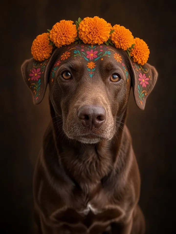 Sugar skull dog photo of a chocolate brown dog