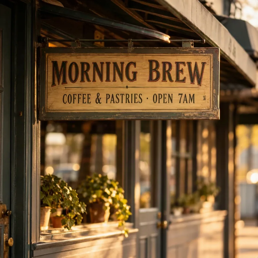 Shop sign with readable text, generated with MOSS Image