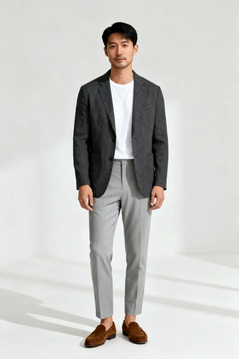 AI-generated model, not a real person, wearing a charcoal blazer, white T-shirt and light grey trousers in a studio